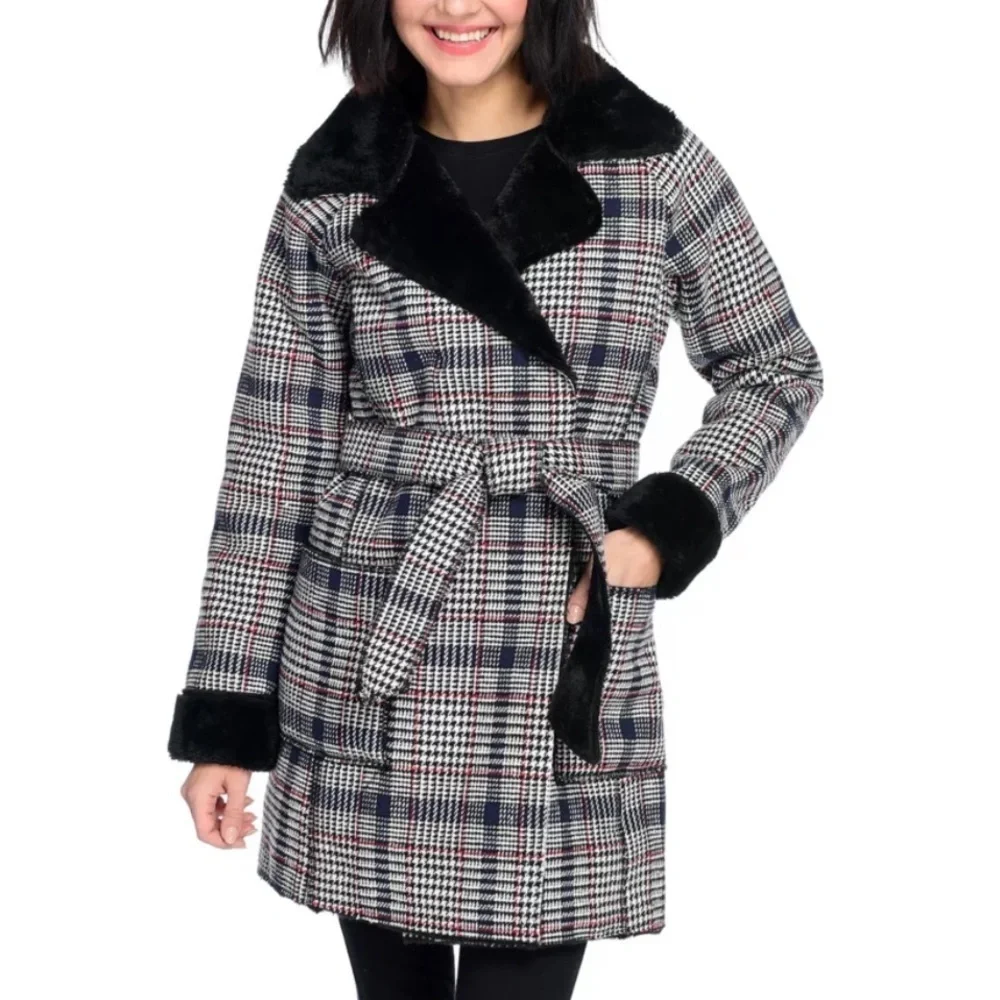 Solitaire Twill & Faux Fur Convertible Faux Sherpa Lined Pocket Jacket Belt Coat - Picture 1 of 7